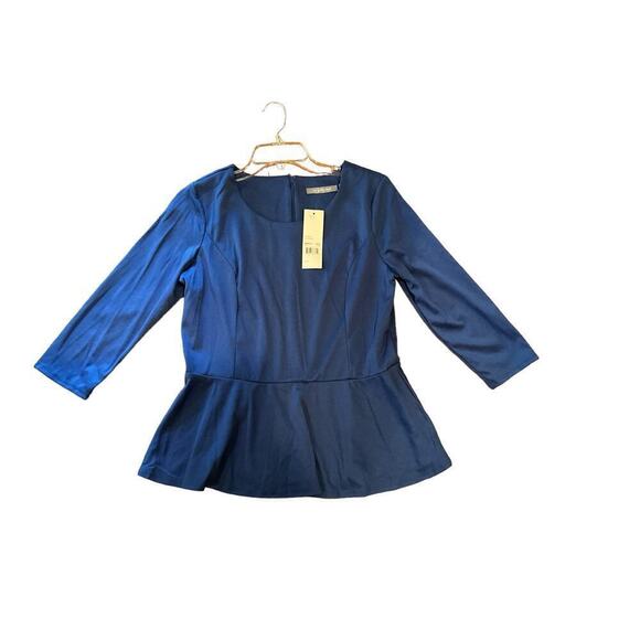 NY Collection Peplum Top Womens Large Blue Polyester Stretch Round Neck Back Zip - Picture 5 of 5